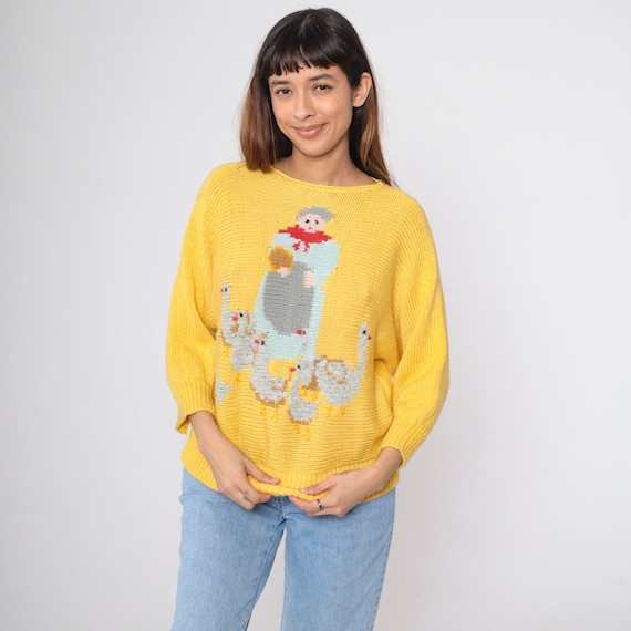 Vintage Mother Goose Sweater 80s Farm Animal Sweater Yellow Dolman Sleeve Novelty Print Knit Pullover Jumper Kawaii 1980s Sweater Small