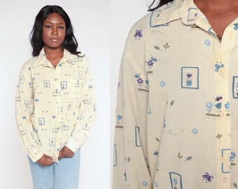 Yellow Butterfly Shirt 90s Button Up Top Retro Flower Print Blouse Boho Artsy Hipster Floral Long Sleeve Collared Cute Vintage 1990s Large L