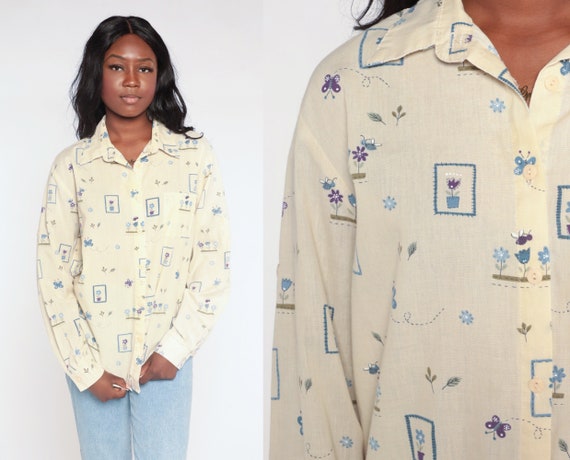 Yellow Butterfly Shirt 90s Button Up Top Retro Fl… - image 1