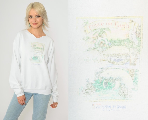 Peace on Earth Sweatshirt 90s Manatee Beach Christmas Sweater Winter Holiday Graphic Shirt Cutoff Neckline Vintage 1990s White Medium