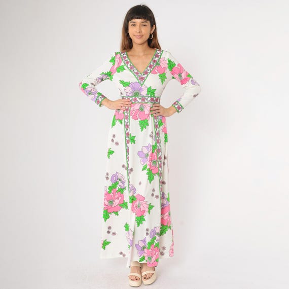 Vintage 70s Floral Maxi Dress White Pink Green Purple Boho V Neck High Waist Bohemian Long Sleeve Festival Hippie Pastel 1970s Medium M