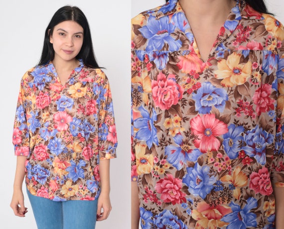 70s Floral Blouse Pleated Shirt Collared V Neck Top Flowy Relaxed Loose Tent Flower Print 3/4 Sleeve Summer Boho Retro Vintage 1970s Medium
