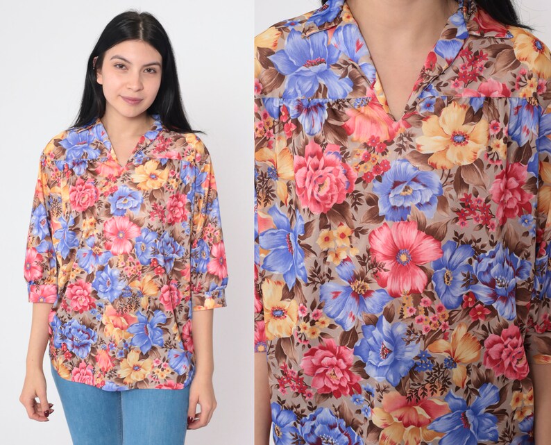 70s Floral Blouse Pleated Shirt Collared V Neck Top Flowy Relaxed Loose Tent Flower Print 3/4 Sleeve Summer Boho Retro Vintage 1970s Medium image 1