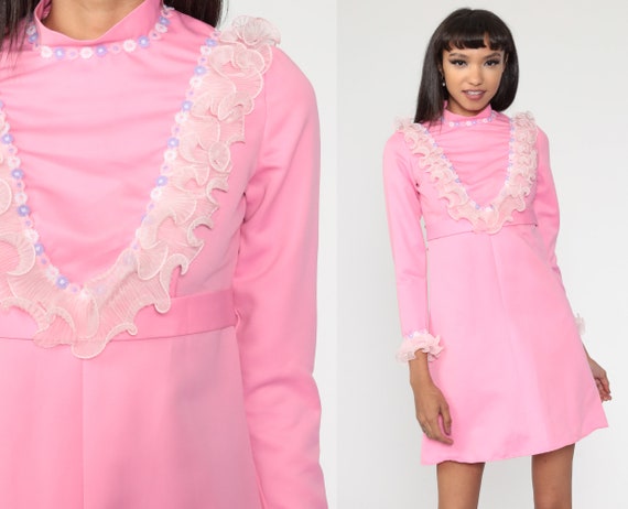 Babydoll Mini Dress Pink RUFFLE Bib Dress 70s Empi