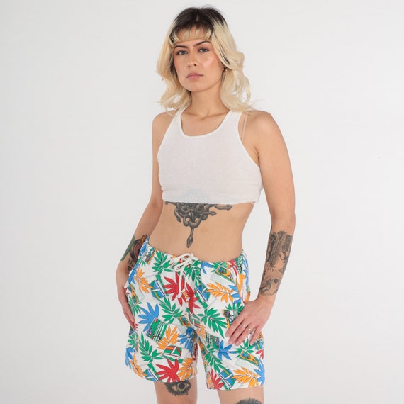Vintage Tropical Shorts 90s Surfer Shorts Summer Leaf Boat Island Print Surfer High Waisted Drawstring Waist Casual Baggy 1990s Medium