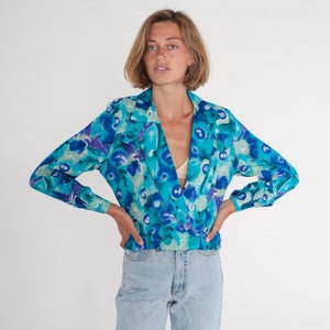 Abstract Blazer 90s Blue Cropped Blazer Jacket Double Breasted Button up Collared Deep V Neck Statement Crop Coat Retro Vintage 1990s Small