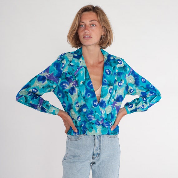 Abstract Blazer 90s Blue Cropped Blazer Jacket Double Breasted Button up Collared Deep V Neck Statement Crop Coat Retro Vintage 1990s Small