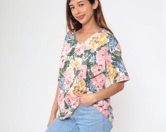 90s Floral T Shirt Pink Rose Print Tee V Neck Graphic Tshirt Short Sleeve TShirt Flower Print Shirt 1990s Vintage Large L/3