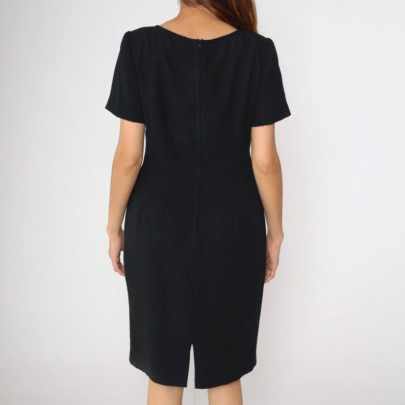 90s Black Midi Dress Rhinestone Clasp Pencil Dress Plain Short Sleeve