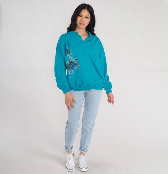 Long Sleeve Turtle Shirt Crazy Shirts Hawaiian Drawstring Neckline Turquoise Slouchy Shirt 00s Surf Shirt Vintage Animal Cotton Small S