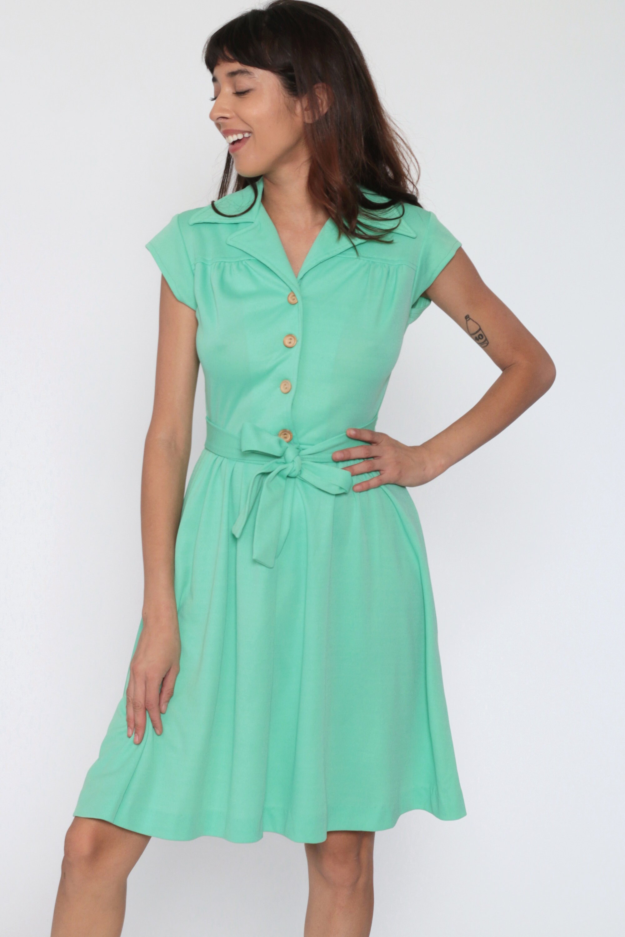 70s Mini Dress Mint Green Dress Button Up Mod Dress Boho High Waisted