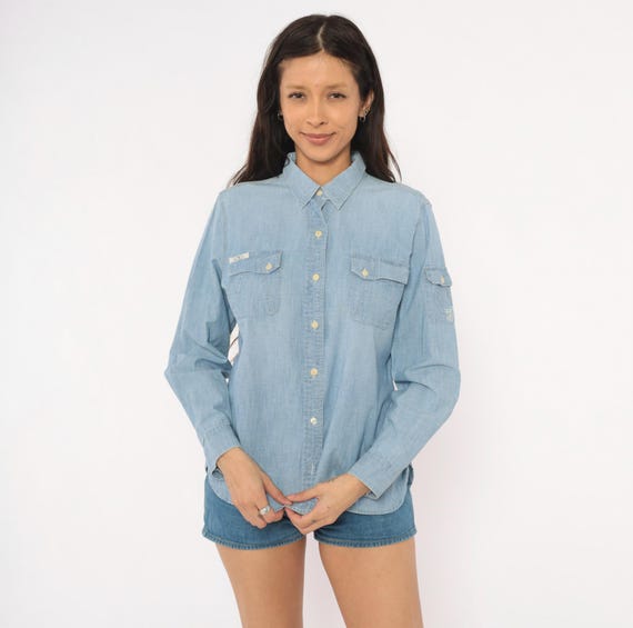 Chambray Ralph Lauren Jeans Co Shirt Light Blue Cotton Utility Pocket Long Sleeve Workwear Denim Look 2000s Western Style Blouse Top Large L