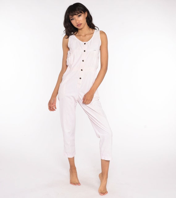 80s Ideas Jumpsuit Pink Striped Tapered Pant Button Up Cotton Jumpsuit High Waisted 1980s Vintage Pantsuit Sleeveless Extra Small xs s