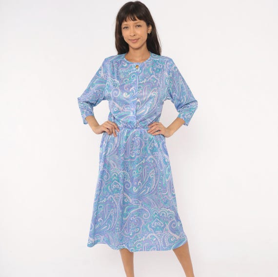 Paisley Blair Dress 90s Periwinkle Purple Teal Swirl Print Midi Button Front Round Neck Cinched Waist Lavender Blue Vintage Frock Medium M