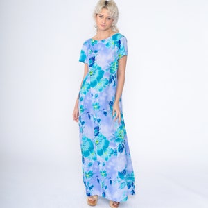 Hawaiian 90’s Hibiscus Floral Midi Hawaii Blue Black Green Leaves Tropical Bias Cut Slip Dress main image 1