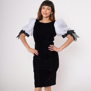 Velvet Dress 80s Black Puff Sleeve White Contrast Bow Ties Rimini Vintage Midi Party Gothic Romantic Cocktail Formal Evening Medium M 8