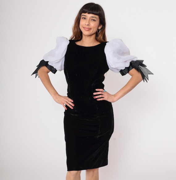Velvet Dress 80s Black Puff Sleeve White Contrast Bow Ties Rimini Vintage Midi Party Gothic Romantic Cocktail Formal Evening Medium M 8