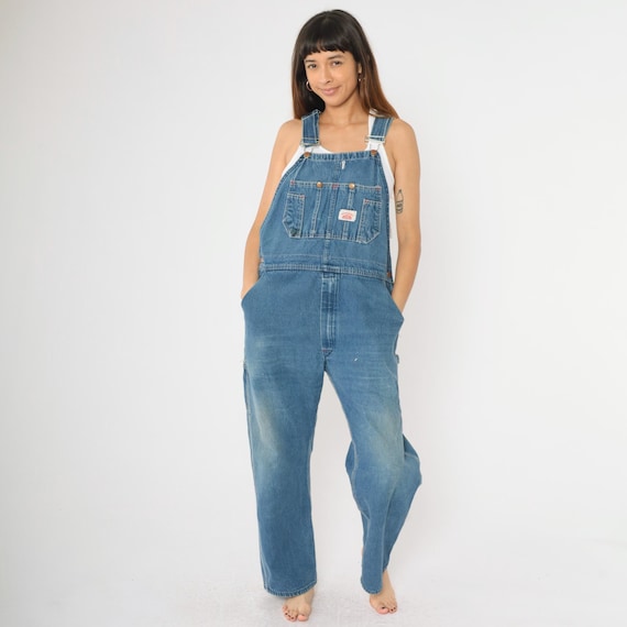 Vintage Round House Denim Overalls 90s Distressed Jean Pants Lee Baggy 1990s Dungarees Bib Utility Workwear Carpenter Medium Large