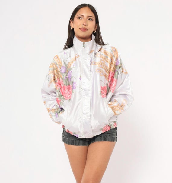 Reversible Floral Satin Bomber 90s White Windbreaker Jacket Pink Purple Gold Wheat Lavender Track Top Spring Blouson Women Vintage Medium M