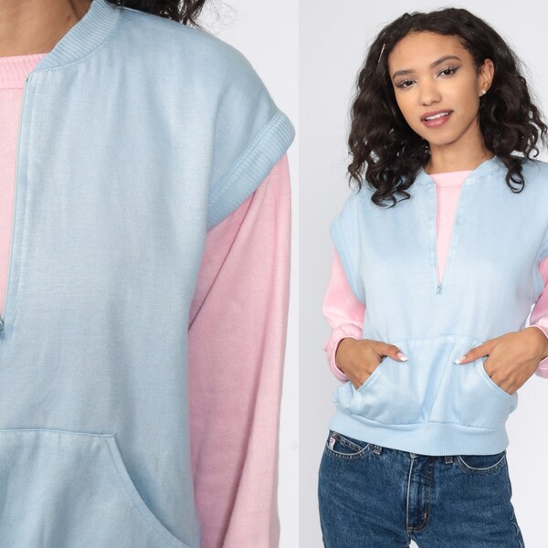 Pastel Sweatshirt Baby Blue + Pink Color Block Sweatshirt Kangaroo Pocket Sweatshirt 80s Sweater Slouchy Pullover Vintage Medium