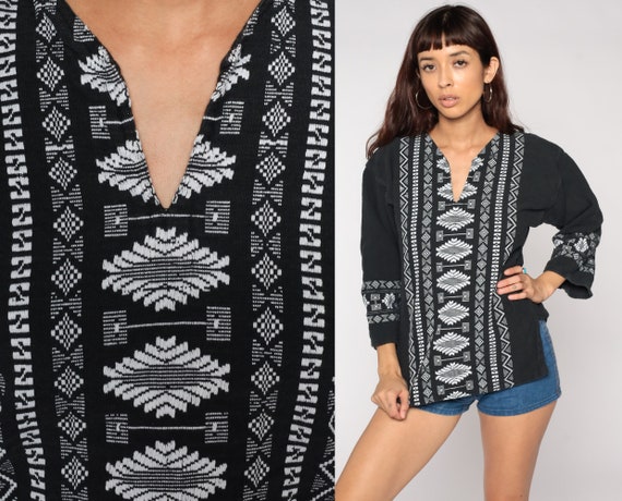 Black Hippie Shirt Embroidered Top Aztec Guatemalan Blouse Tunic Shirt  Bohemian Vintage Boho Small 