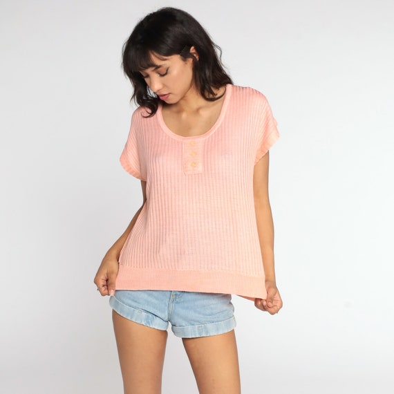 Peach Knit Top 80s Sweater Top Boho Shirt Short Sleeve Sweater Ribbed 1980s Bohemian Slouchy Retro Vintage Large xl l