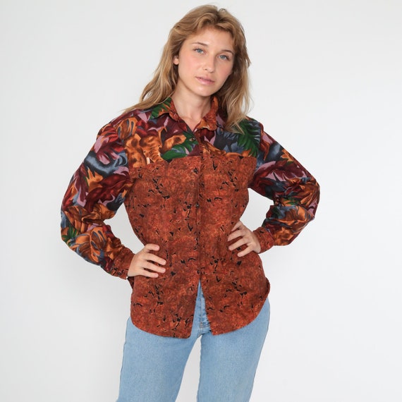 Elephant Safari Shirt Jungle Animal 90s Burnt Orange Top Africa Print Blouse Button Up Shirt Vintage 80s long sleeve Small Medium