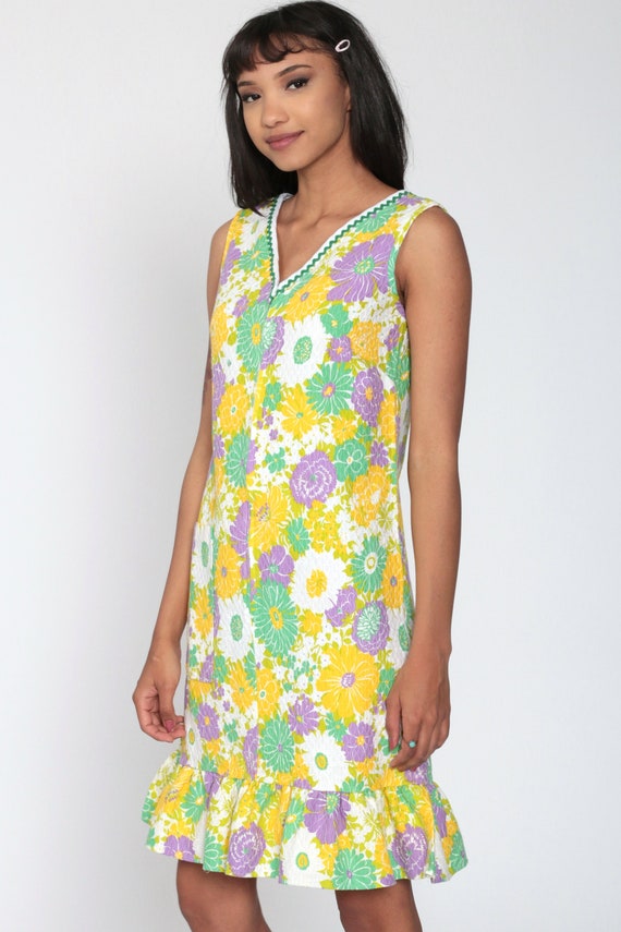 Flower Power Dress 70s Floral Mod Mini Hippie Yellow Green Psychedelic 60s Shift Dress Twiggy Front Zip Vintage Sleeveless Bright Small 4