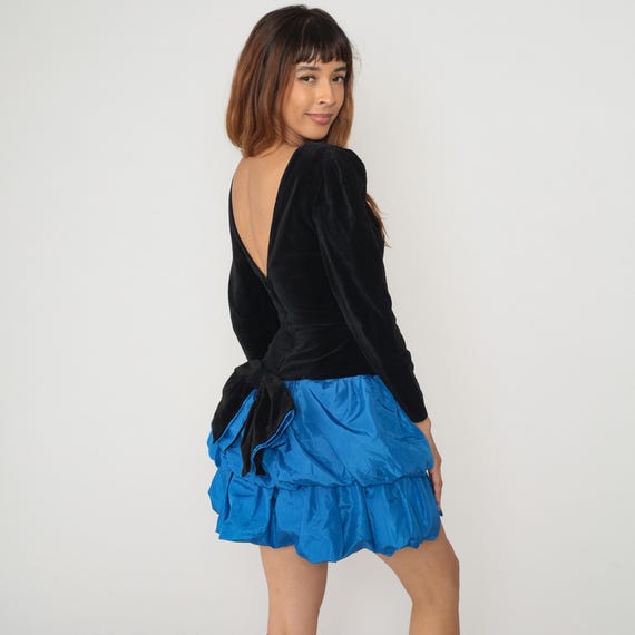 Backless 80s Party Dress Black Velvet Blue Ruffled Skirt Puffy Sleeves Cocktail Evening Tiered Dramatic Knee Length Vintage Zip Small S