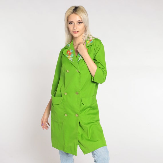 Lime Green Trench Coat 60s 70s Floral Embroidered… - image 3