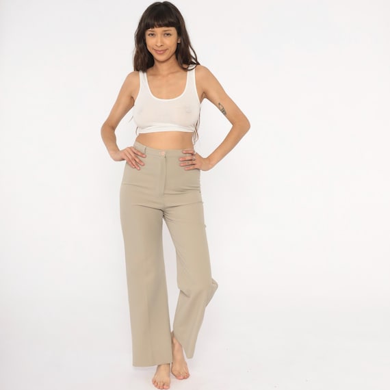 70s Tan Wide Leg Trousers High Waisted Front Khaki Sand Beige Slacks Taupe Straight Waistband Hippie Bohemian Bottoms Vintage Pants Small S