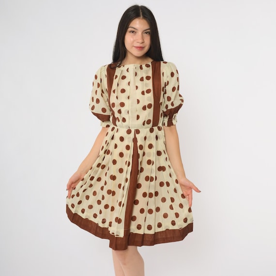 60s Polka Dot Dress Vintage Brown Beige Puff Sleeve Fit And Flare Extra Small XS Knee Length Retro Mod Party Style Short Sleeve 1960s