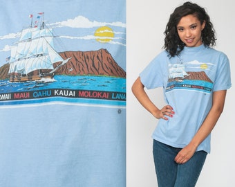 Chemise Maui Ship Shirt Tshirt rétro des années 80, chemise bateau, bleu à point unique, t-shirt vintage, papier graphique fin, moyen grand