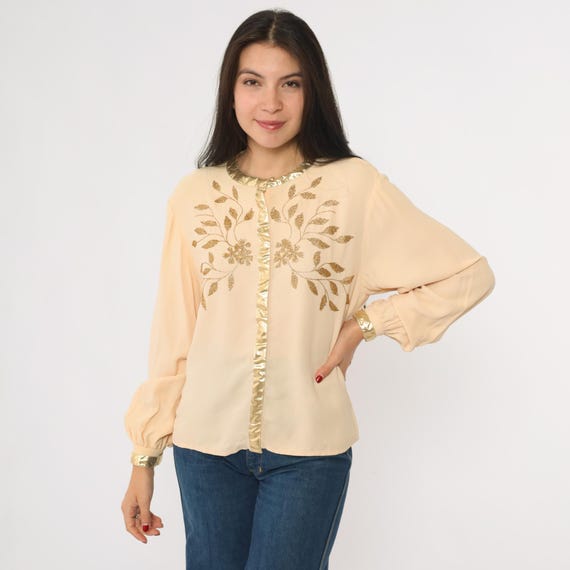 Vintage Gold Embroidered Blouse 70s Peach Floral Shirt 1970s Long Sleeve Sheer Crepe Button Up Front Glam Boho Disco Small