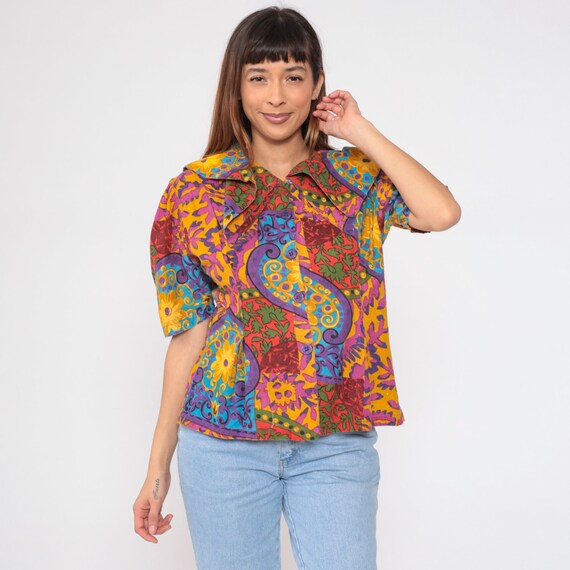 Boho Blouse 90s Floral Button up Shirt Puff Sleeve Top Pilgrim Collar Abstract Flower Leaf Swirl Print Colorful Cotton Vintage 1990s Large L