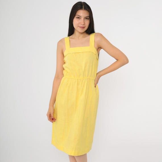 80s Yellow Summer Dress Vintage Sleeveless Midi Blouson High Waisted 1980s Plain Sundress Retro Basic Square Neck Small S Petite