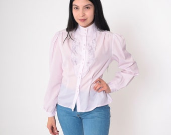Lavender Embroidered Blouse 70s Semi-Sheer Floral Puff Sleeve Cutout Top Light Purple Victorian Button up Shirt Cutwork Vintage 1970s Small
