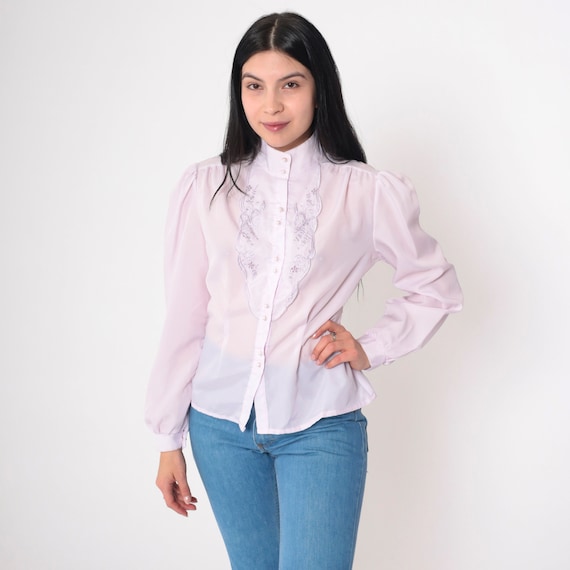 Lavender Embroidered Blouse 70s Semi-Sheer Floral Puff Sleeve Cutout Top Light Purple Victorian Button up Shirt Cutwork Vintage 1970s Small