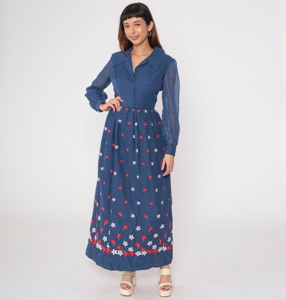 70s Maxi Dress Embroidered Floral Blue Polka Dot Dress Boho Long Sheer Sleeve Hippie High Waist 1970s Vintage Bohemian Retro Small