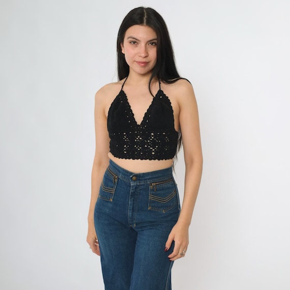 Y2K Crochet Halter Top Black Crop Top Festival Tie Back Knit Vintage Boho Hippie Style V Neck 00s Rave Small