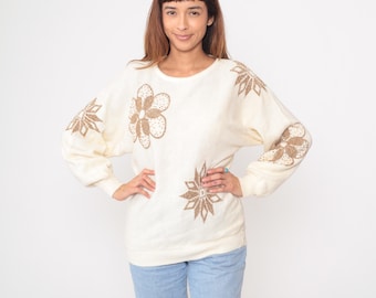 Crème trui met kralen uit de jaren 80 bloemen pailletten trui met lange mouwen gebroken witte vintage trui verfraaid gebreide top decoratief brons goud medium M