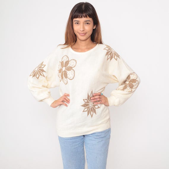 Cream Beaded Sweater 80s Floral Sequin Long Sleeve Pullover Off White Vintage Jumper Embellished Knit Top Decorative Bronze Gold Medium M