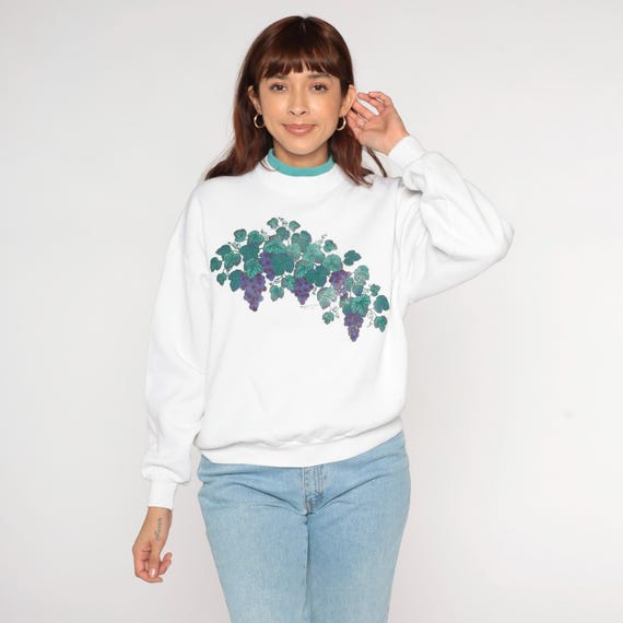 Grape Sweatshirt 90s White Purple Green Vine Print Morningsun Grandma Crew Neck Vintage Relaxed Fit Granny Nerd Women's Large L 14