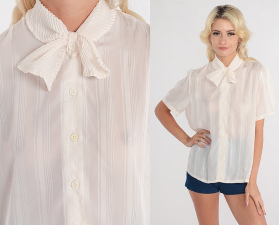 Necktie Blouse 80s Ascot Shirt Sheer Off-White Striped Preppy Retro Secretary Top Short sleeve Button up Pussy Bow Vintage 1980s Medium M