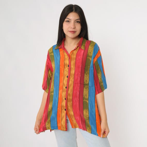 90s Striped Button Down Shirt Multicolor Red Blue Orange Green Yellow Rayon Short Sleeve Nerdy Preppy Loose Fit Top Vintage Large L