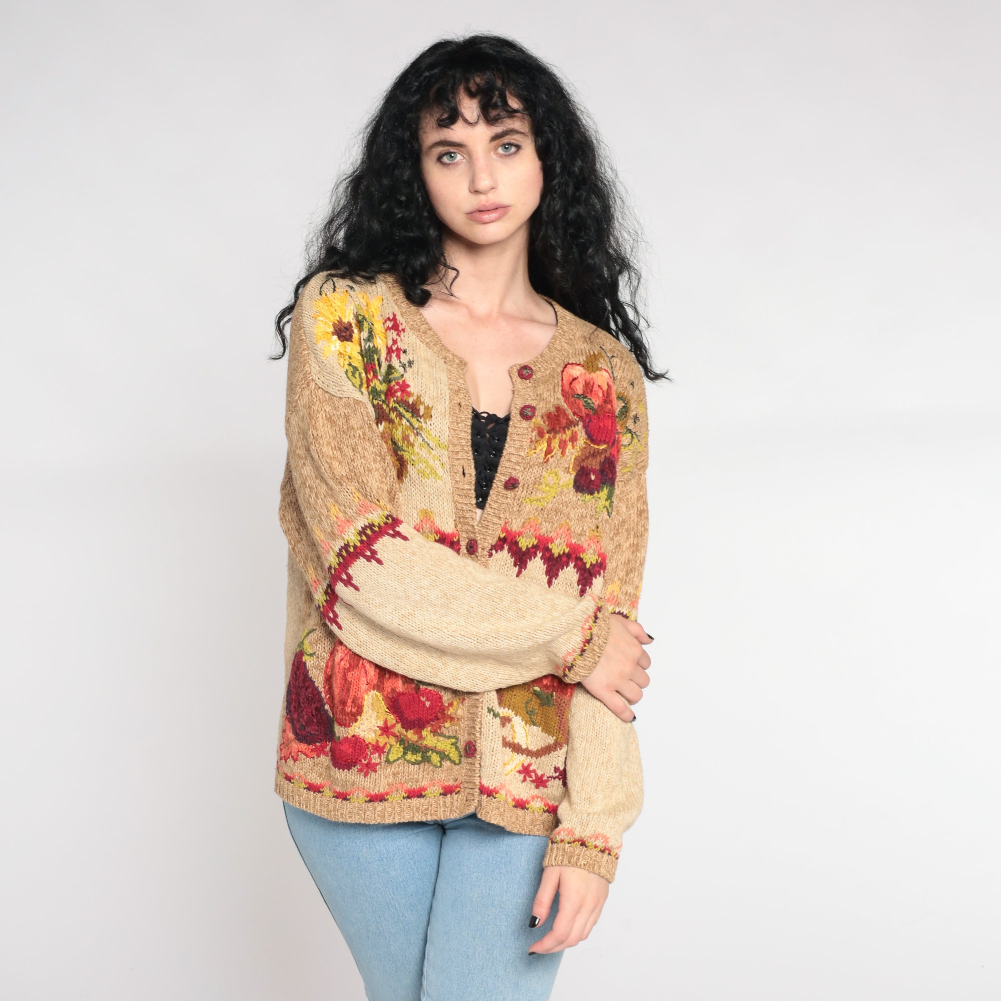 Fall Cardigan Sweater 00s Pumpkin Harvest Sweater Autumn Floral Apple