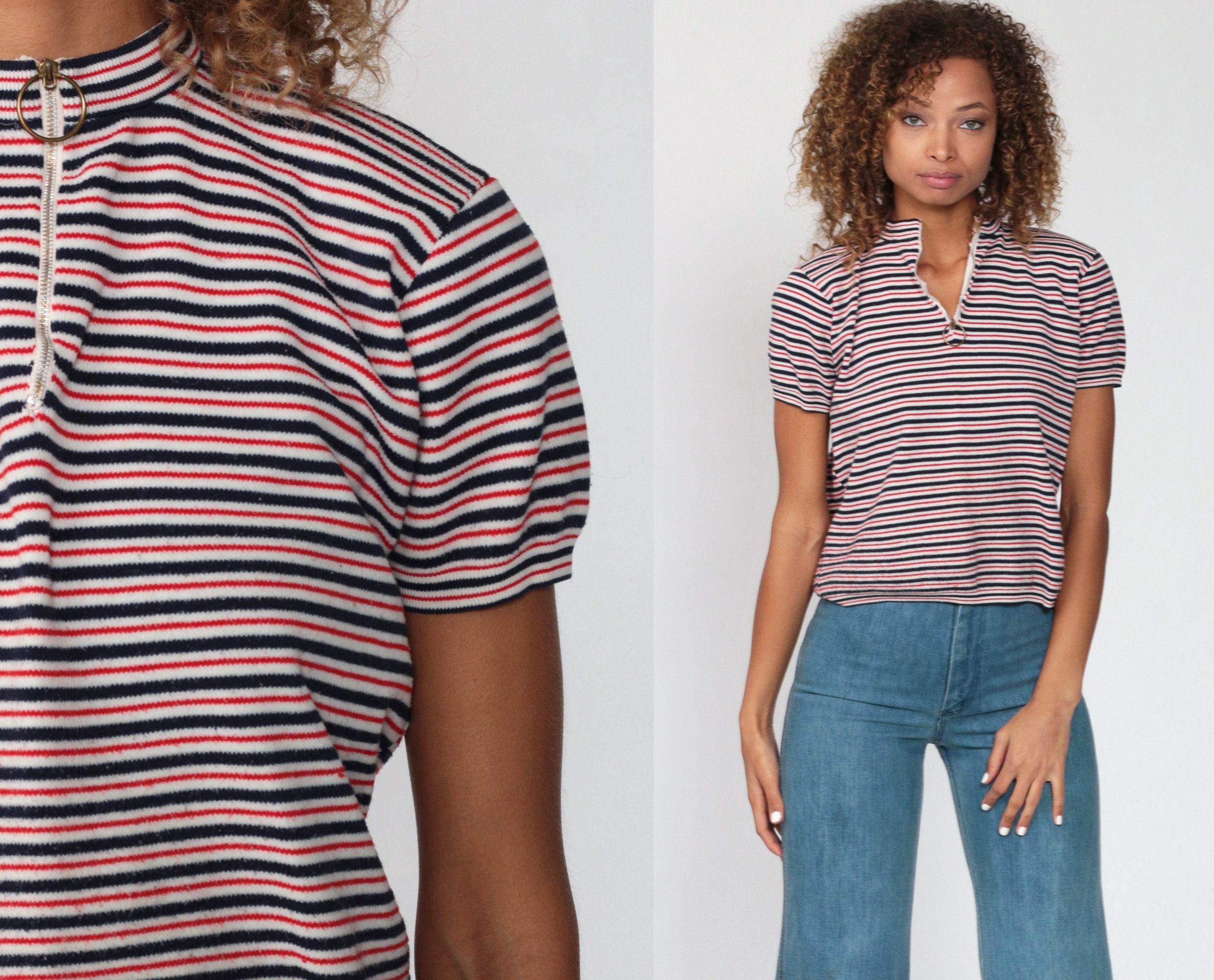 Ring Pull Shirt Striped Shirt 70s Mod Top ZIP UP Red Blue White Stripe ...