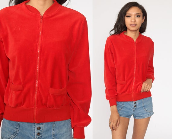 Vintage Velour Track Jacket -- 80s Zip Up Sweatshirt Warm Up Red Retro Long Sleeve Slouchy 1980s Small