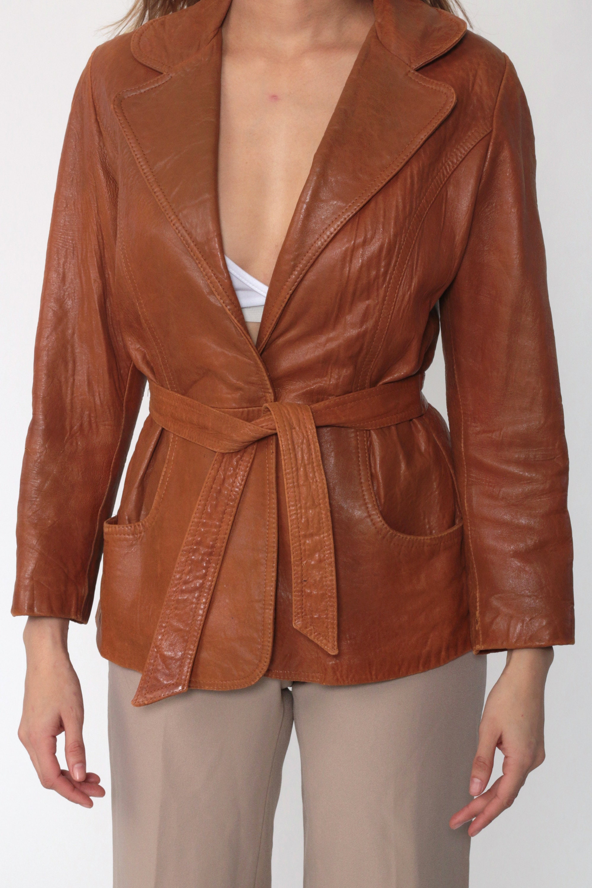 70s Leather Jacket Belted Wrap Jacket Brown Leather Jacket Bohemian 
