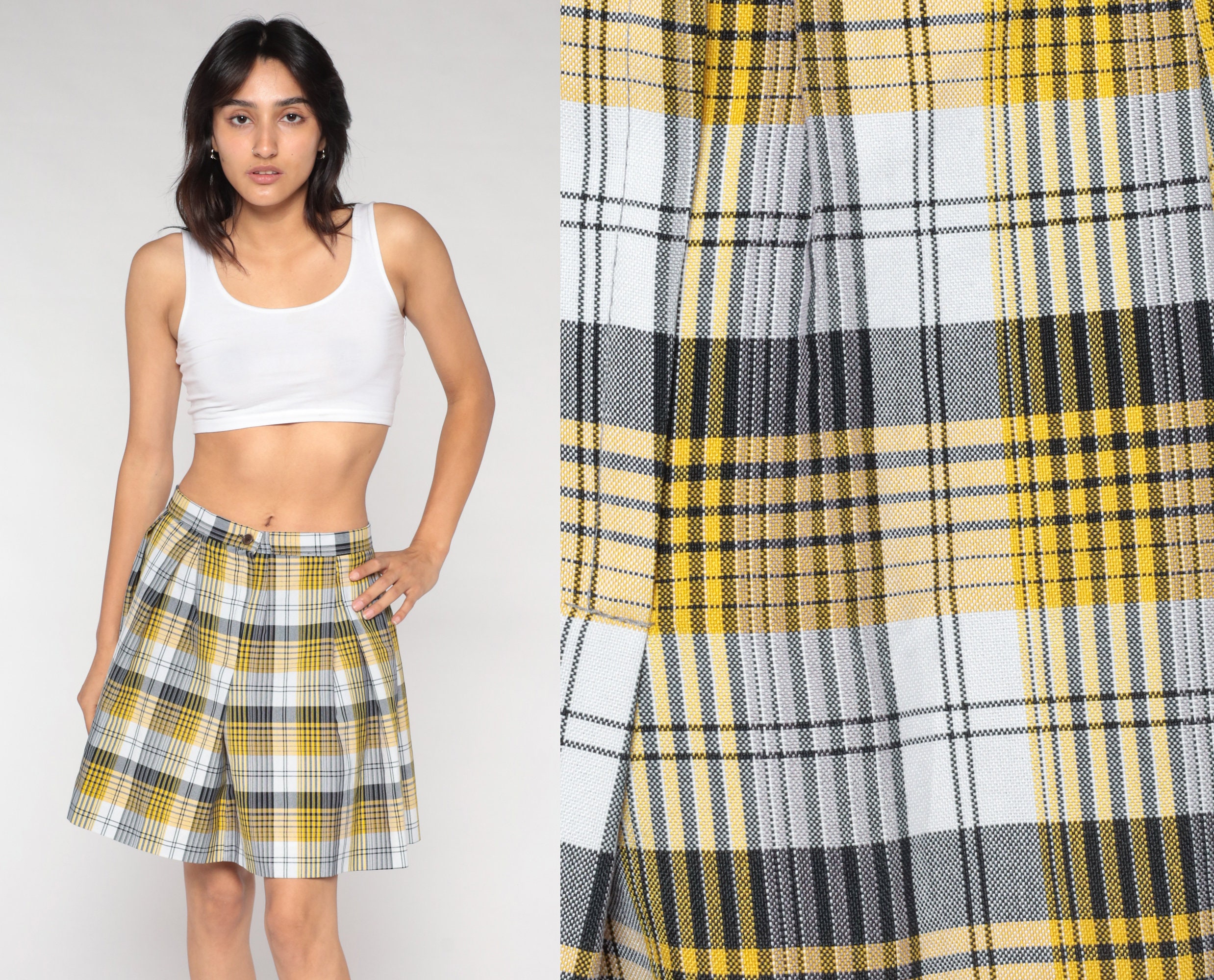 Plaid Mini Skirt 90s Yellow School Girl Skirt Pleated Tartan High Waisted Preppy Checkered Clueless Retro White Black Vintage 1990s Small S